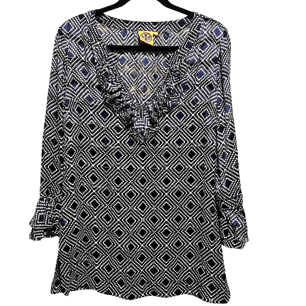Tory Burch Tunic Blouse Navy Blue Geometric Print Ruffle Boho Top Women